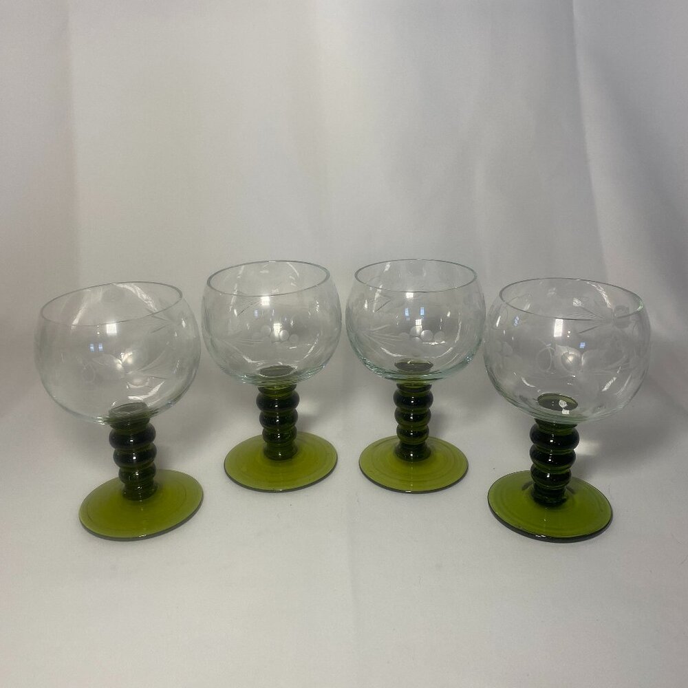 4 Vtg German Roemer Olive Green Wine Cordial Glass Etched Grape Vine Ball EUC